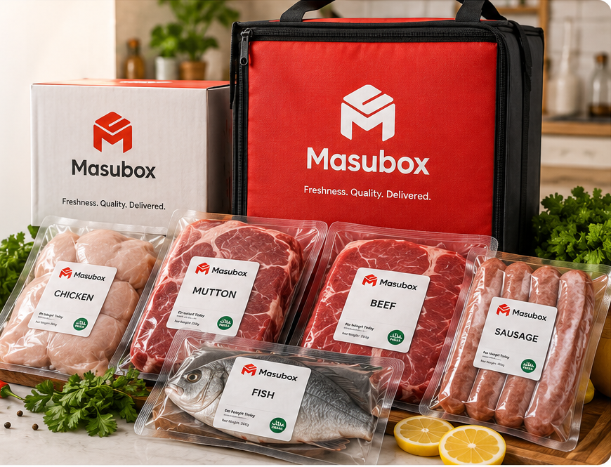 Masubox premium meat packs — chicken, mutton, beef, fish and sausage in branded delivery box